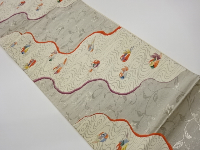 JAPANESE KIMONO / VINTAGE FUKURO OBI / PLATINUM​ FOIL / WOVEN FLOWER ARABESQUE